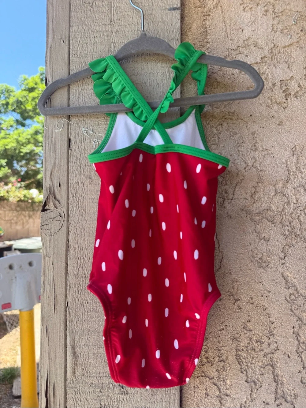 Old Navy Red Polka Dot One-Piece Swimsuit with Green Ruffle Trim